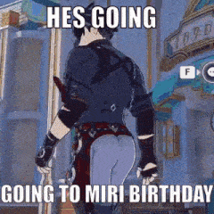 a video game character is standing in front of a building with the words `` he 's going going to miri birthday '' .