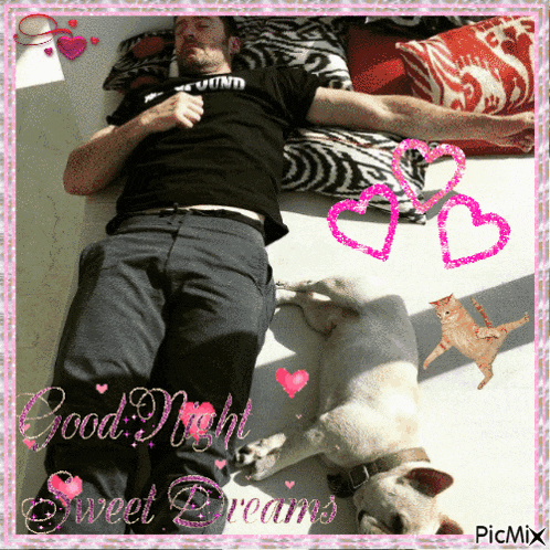a picture of a man sleeping next to a dog with the words good night sweet dreams written on it