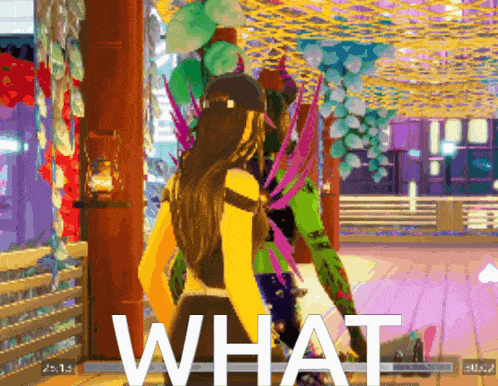a woman in a yellow top is standing next to a man in a green outfit in a video game and the words what are visible