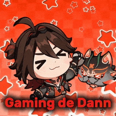 a cartoon character holding a cat with the words gaming de dann below