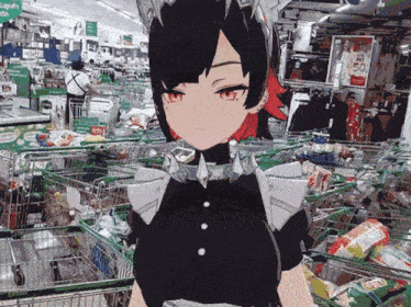 a woman in a maid costume is standing in a store