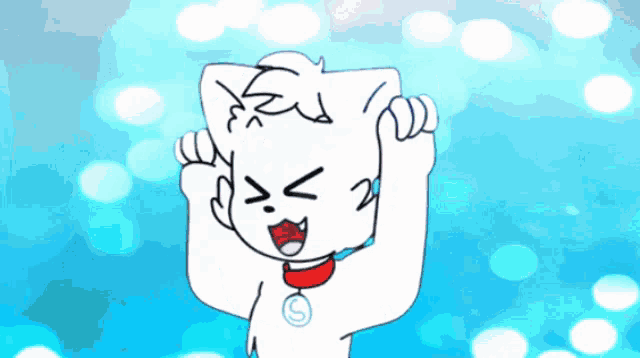a drawing of a white cat with a red collar and the letter s on it