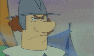 a cartoon character wearing a helmet is pointing his finger at his head