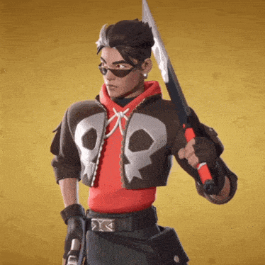 a man in a red hoodie with skulls on it holds a knife