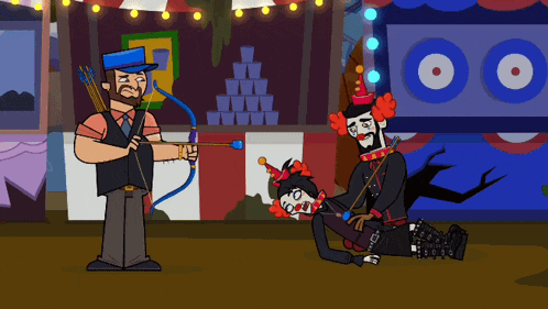a cartoon of a man holding a bow and arrow with a clown laying on the ground