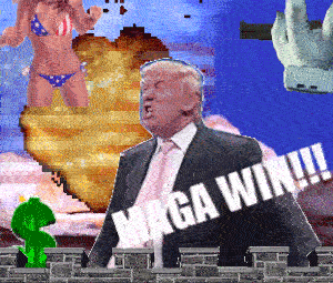 a man in a suit and tie is standing in front of a brick wall with maga win written on it