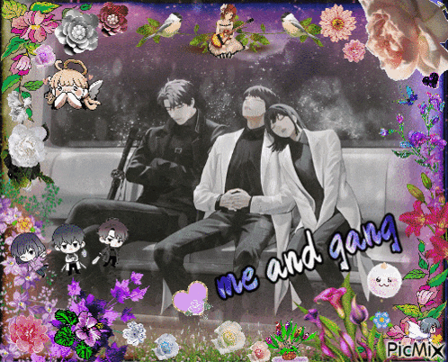 a couple sitting on a couch with the words me and gang written on the bottom