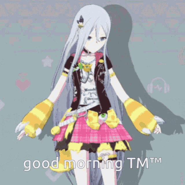 a girl with long white hair says good morning tmtm on the bottom