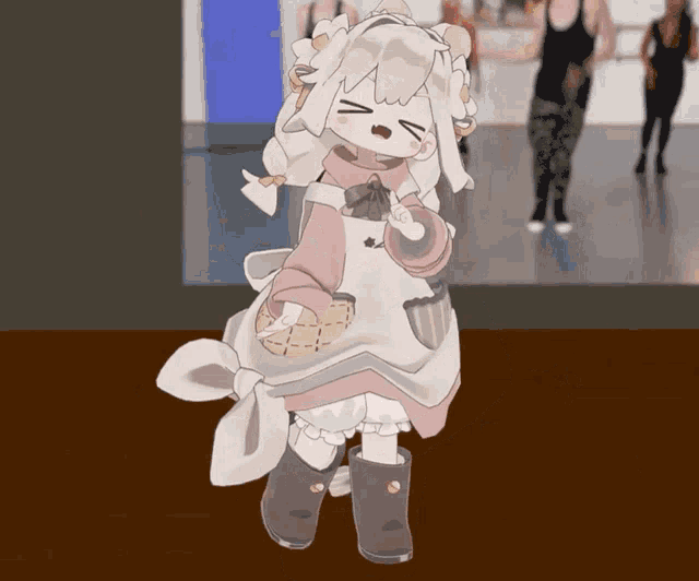 a cartoon drawing of a girl in an apron holding a cookie