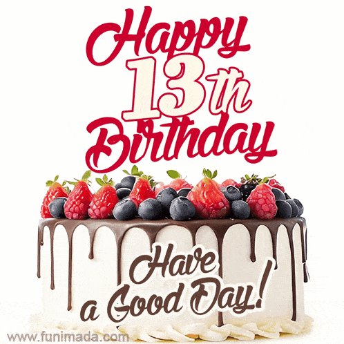 a 13th birthday cake with chocolate icing and berries on top