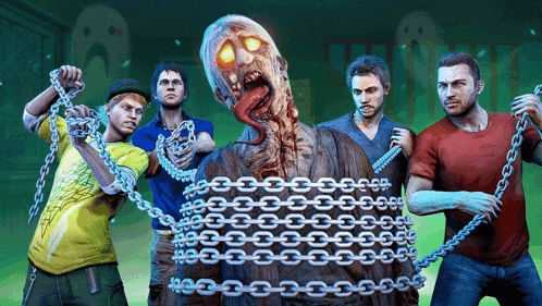 a group of men chained to a zombie with chains around their necks