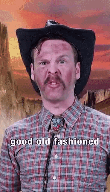 a man wearing a cowboy hat and plaid shirt is making a funny face and says `` good old fashioned '' .