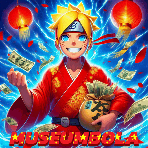 a poster of a cartoon character holding a bag of money with the words museum bola on the bottom