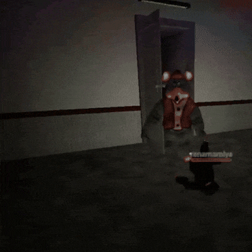 a teddy bear is standing in a dark room next to a person