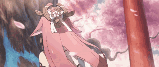 a girl with long pink hair and a mask on her head