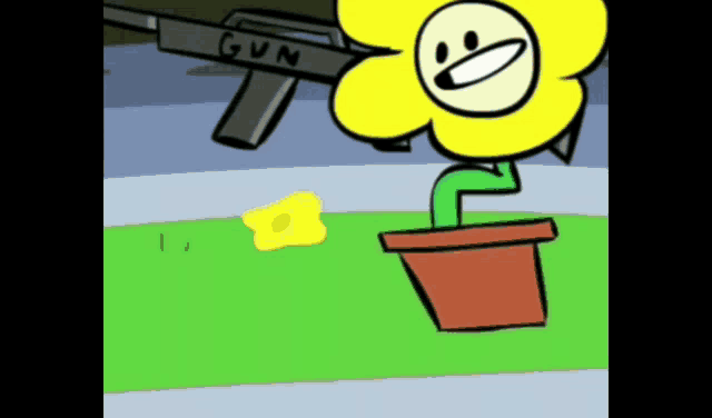 a cartoon flower with a gun in the background