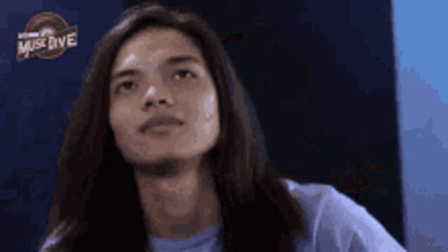 a woman with long hair is wearing a blue shirt .