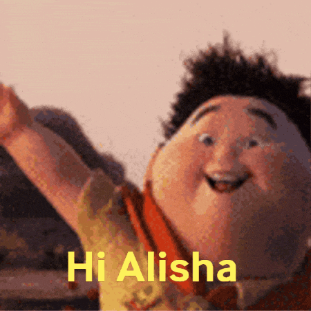 a cartoon character says hi alisha with his hands in the air