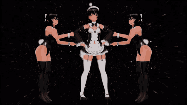 a cartoon girl in a maid outfit is dancing with two other girls