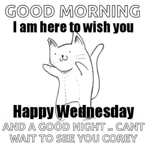 a black and white drawing of a cat says good morning i am here to wish you happy wednesday