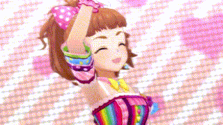 a girl in a rainbow dress is dancing in front of a pink and white checkered background .