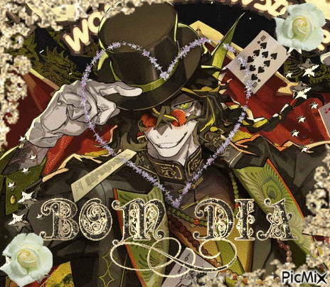 a picture of a man in a top hat with the words bom dia written in the corner