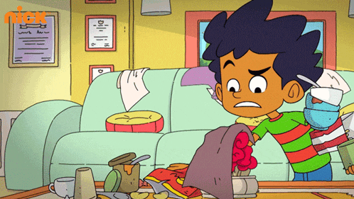 a cartoon of a boy standing in front of a couch with a sign that says nick