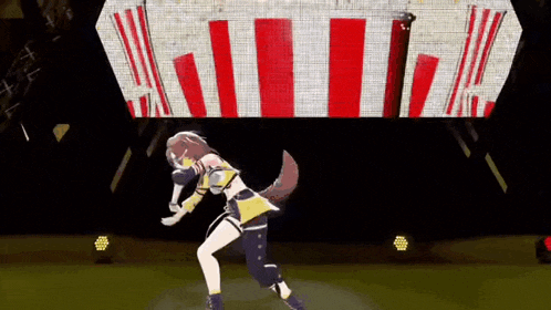 a 3d anime girl is dancing on a stage in front of a large screen with a red and white striped background .