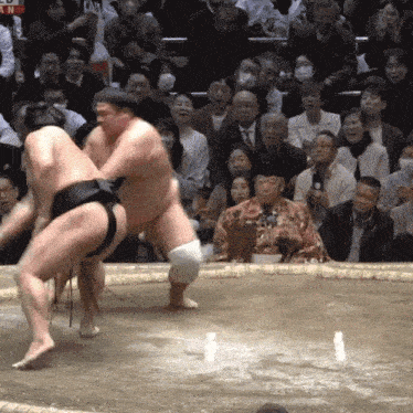 a sumo wrestler is being lifted by another wrestler while a crowd watches