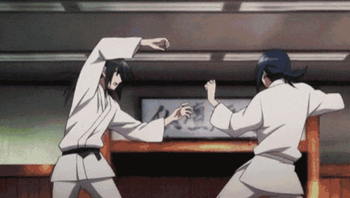 two anime characters are practicing martial arts in front of a sign that says ' karate ' on it