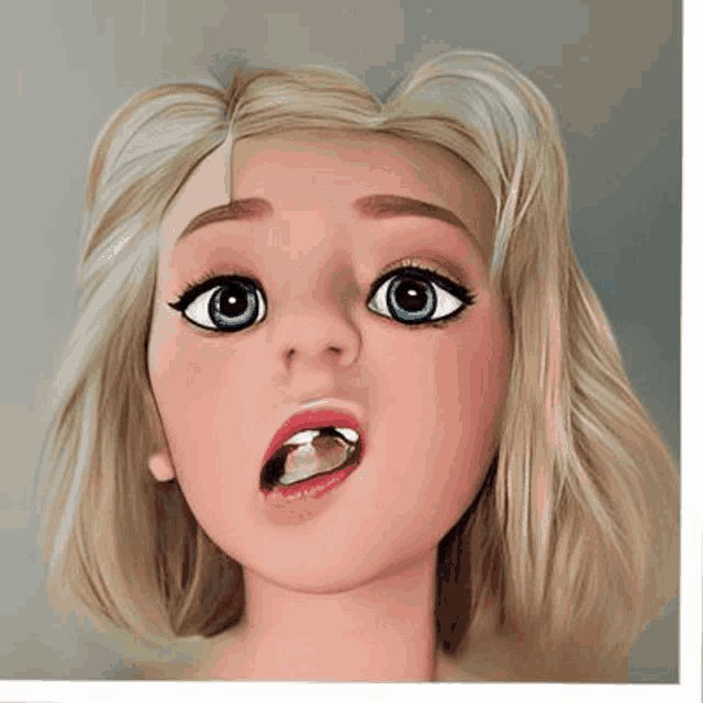 a close up of a doll 's face with a tooth in her mouth .
