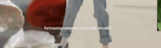 a person is walking down a sidewalk with the words participating restaurants extras add ons odd