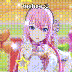 a pink haired anime girl with the name teehee on her face