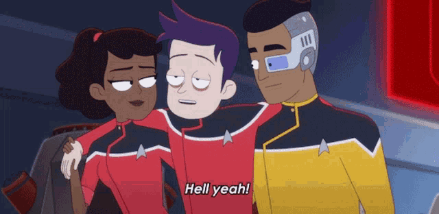 a group of cartoon characters standing next to each other with one saying " hell yeah "