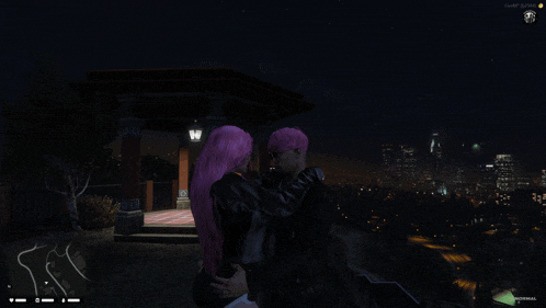 a woman with pink hair is hugging a man with black hair