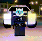 a cartoon police officer is standing in front of a police car .