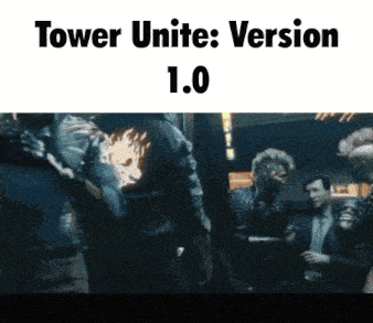 a group of people are standing in a dark room with the words tower unite version 1.0