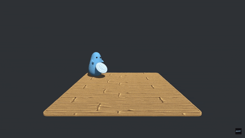 a blue ghost is standing on a wooden surface with a coin in the background