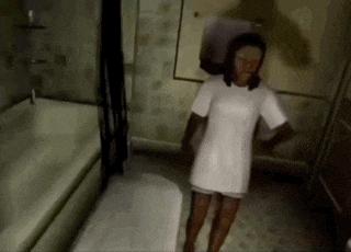 a woman in a white shirt is standing in a bathroom next to a bathtub .