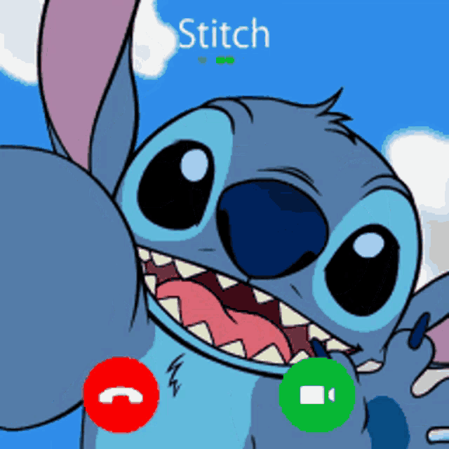 a cartoon of stitch talking on a phone with a green video button