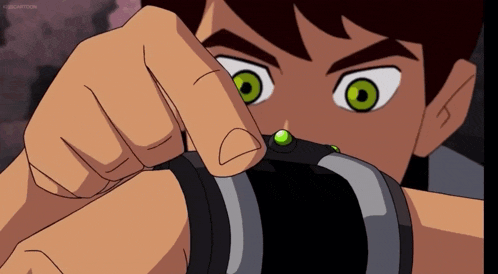 a cartoon character with green eyes and a watch on his wrist