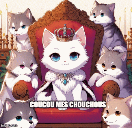a white cat with a crown sits on a throne surrounded by cats