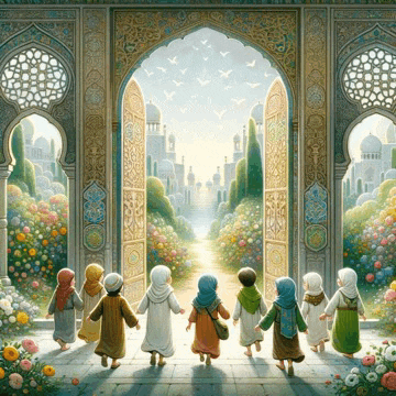 a painting of a group of children walking through a gate