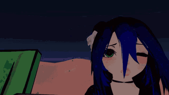 a girl with blue hair and green eyes is making a stop gesture