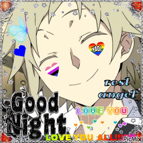a picture of a boy with a rainbow heart in his eye says good night love you all