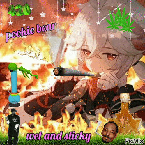 a picture of a girl smoking a cigarette with the words pookie bear wet and sticky at the top