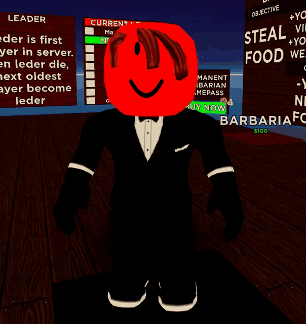 a man in a tuxedo with a red face on his head