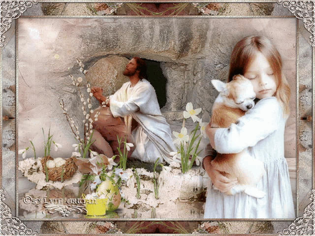 a girl is holding a dog in front of a picture of jesus