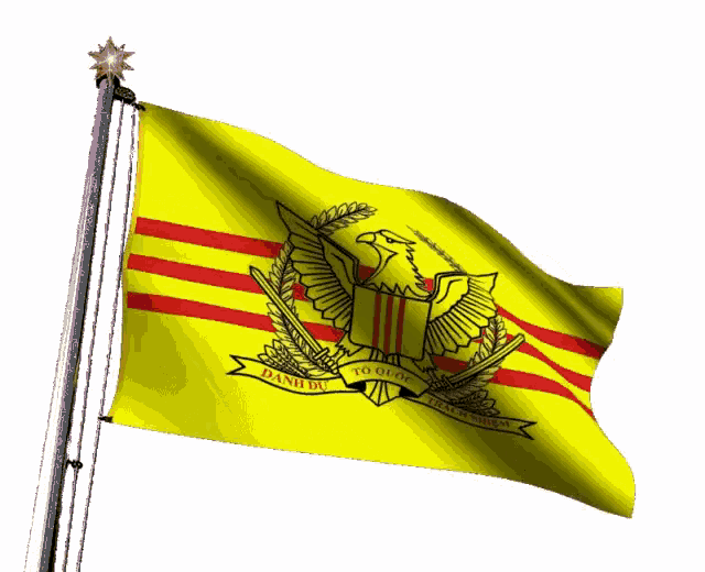 a yellow flag with an eagle and the words " hanh du to quoc " on it