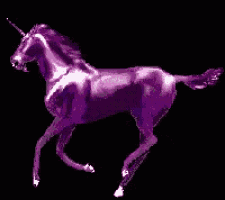 a purple unicorn with a long horn is walking on a black background .